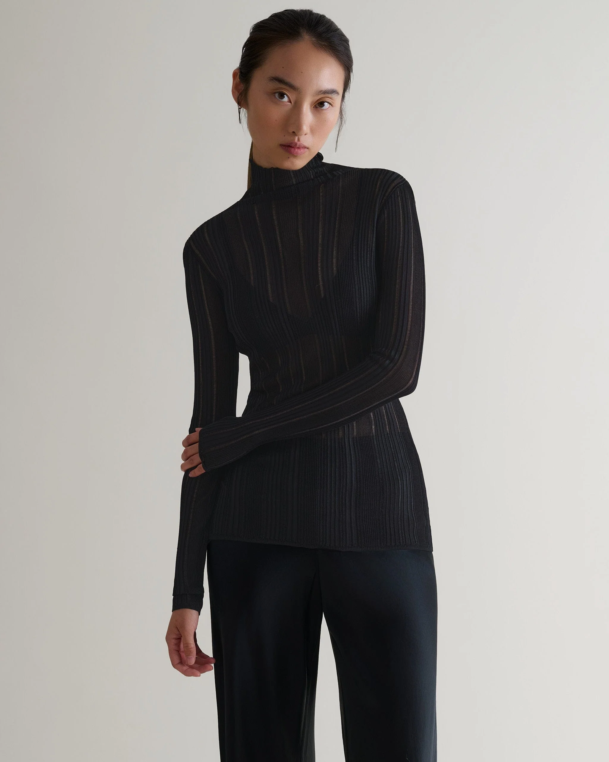 Women's Ladder Ribbed Roll Neck Top - Black - Image 4