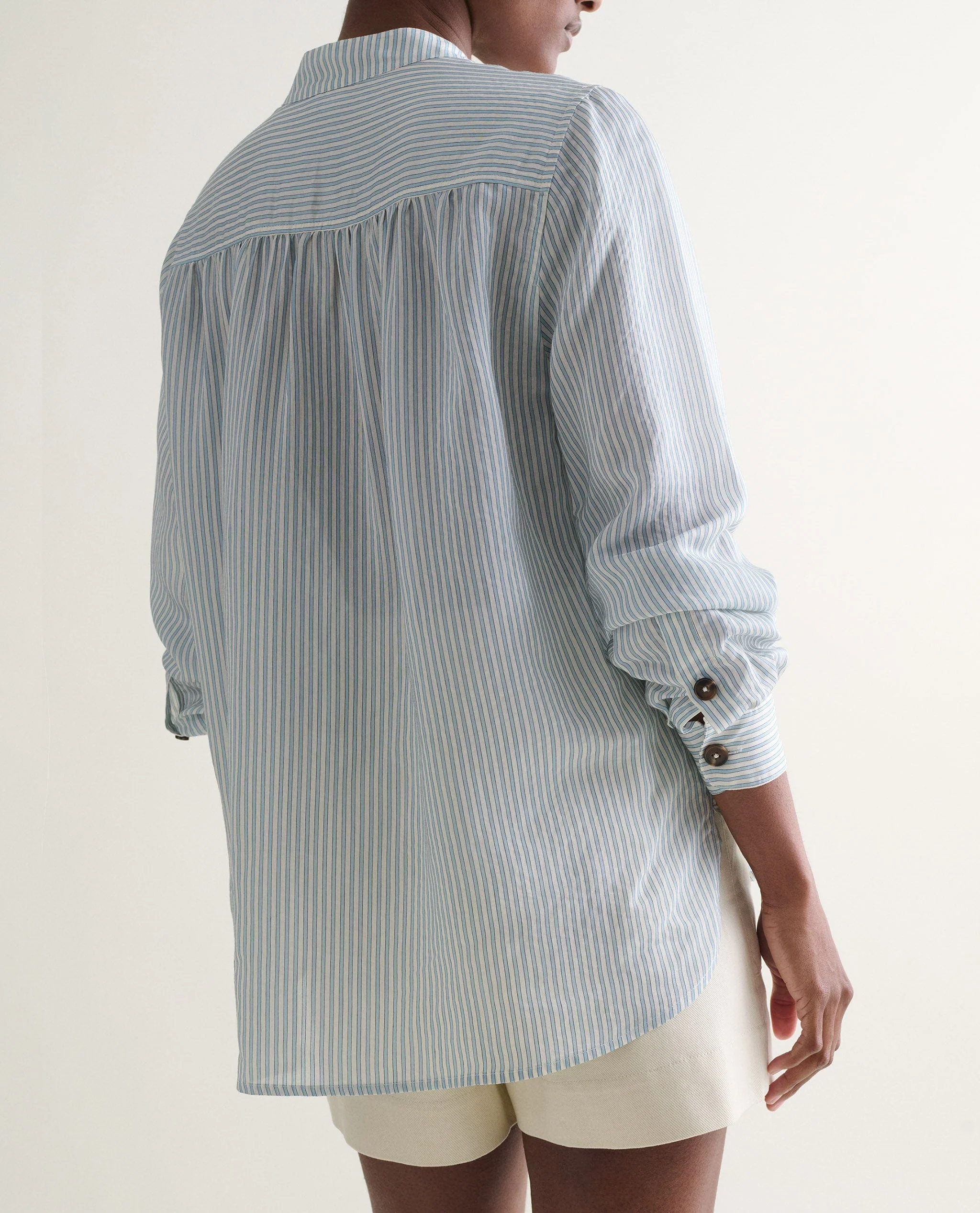 Women's Silk Stripe Grandad Collar Blouse - Blue Stripe - Image 5