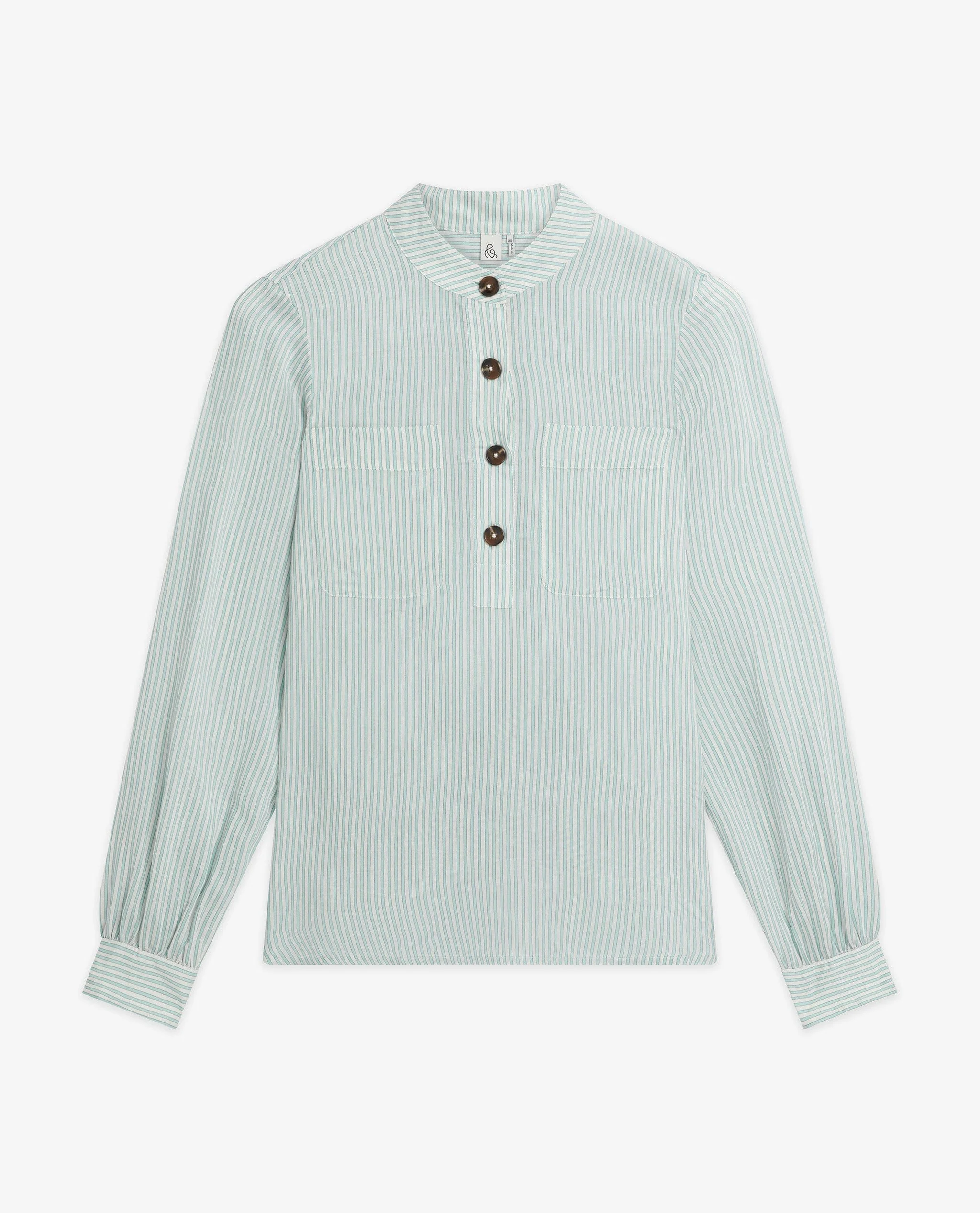 Women's Silk Stripe Grandad Collar Blouse - Blue Stripe - Image 7