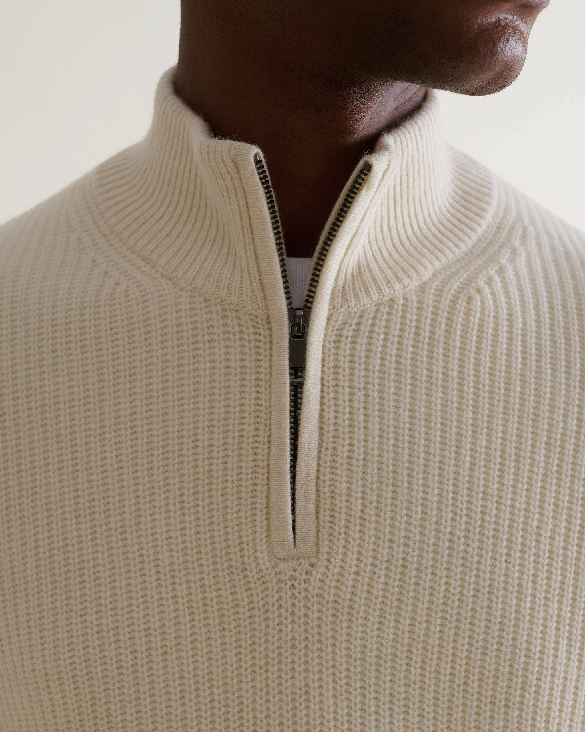Men's Cashmere Merino Fishermans Rib 1/4 Zip Jumper - Buttermilk - Image 4