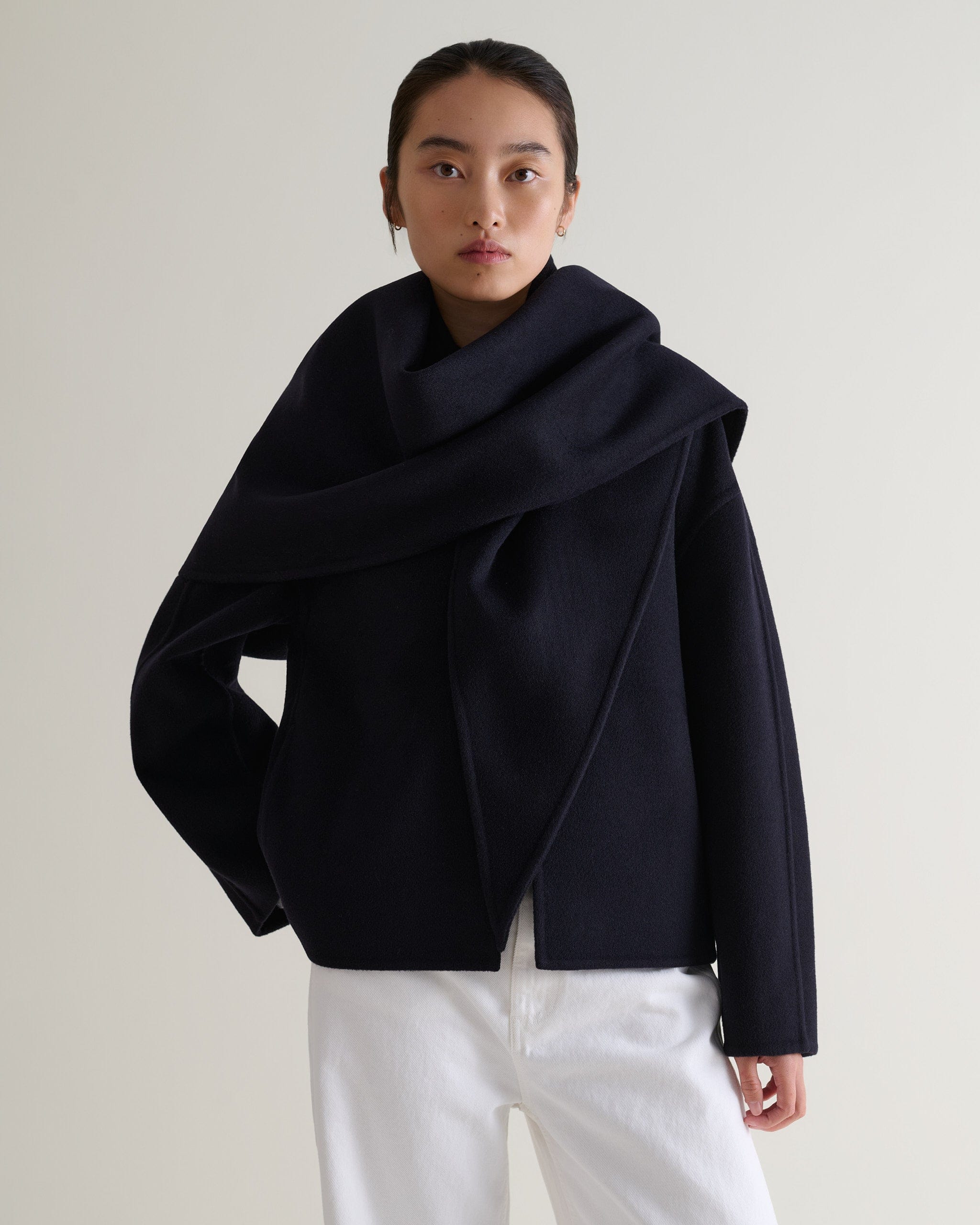 Women's Cashmere Wool Double Faced Scarf Jacket - Navy - Image 4