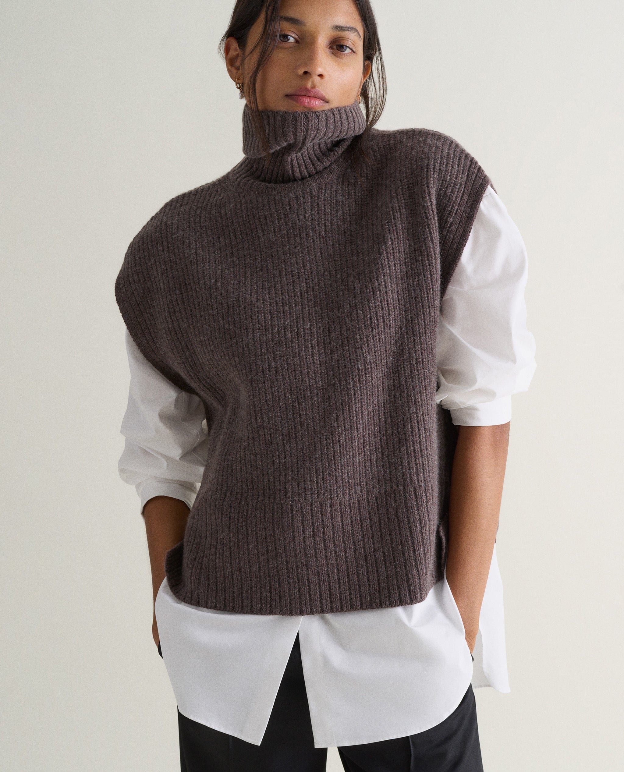Women's Cashmere Merino Roll Neck Tabard - Chocolate - Image 3