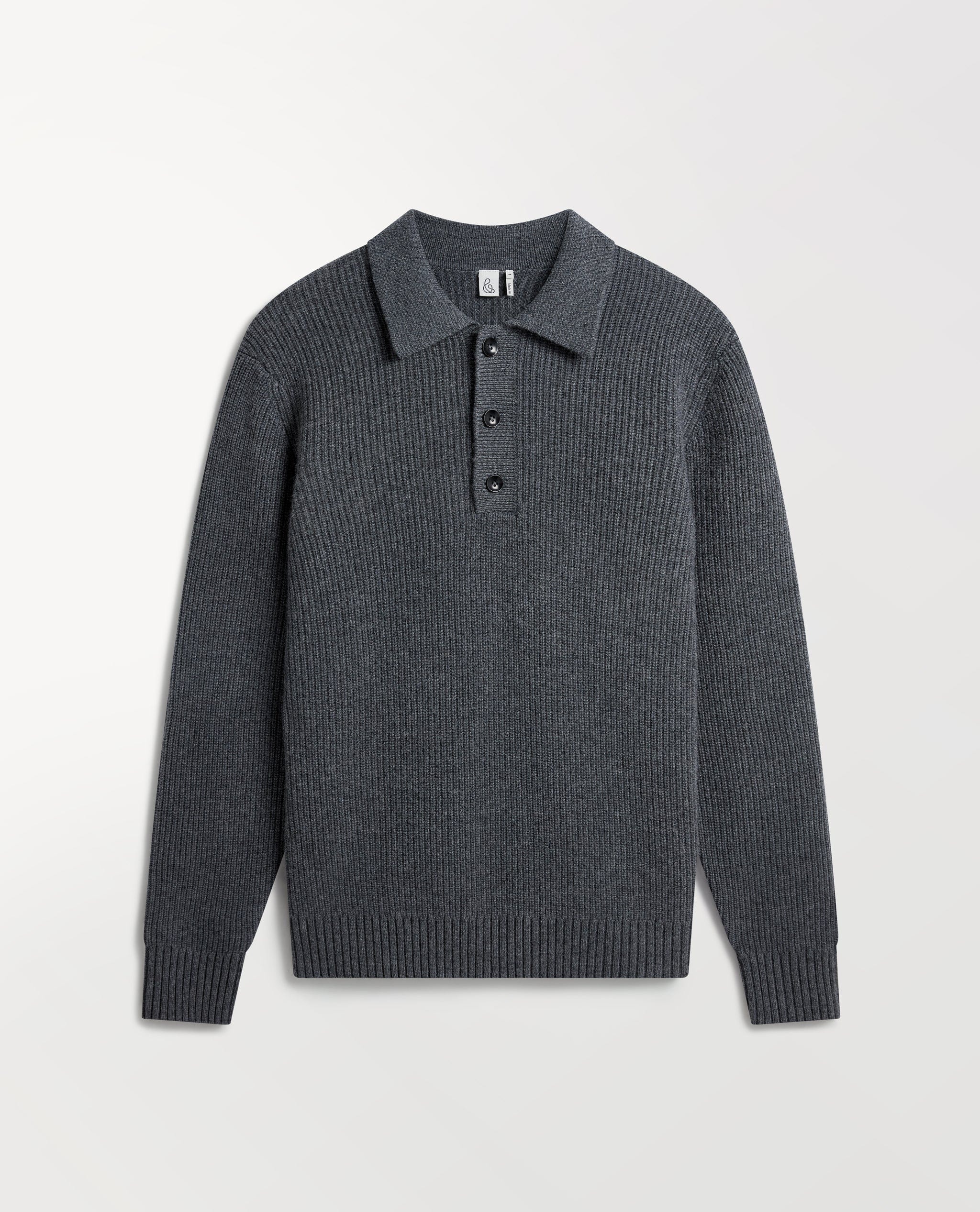 Men's Cashmere Merino Fishermans Ribbed Polo - Graphite - Image 2