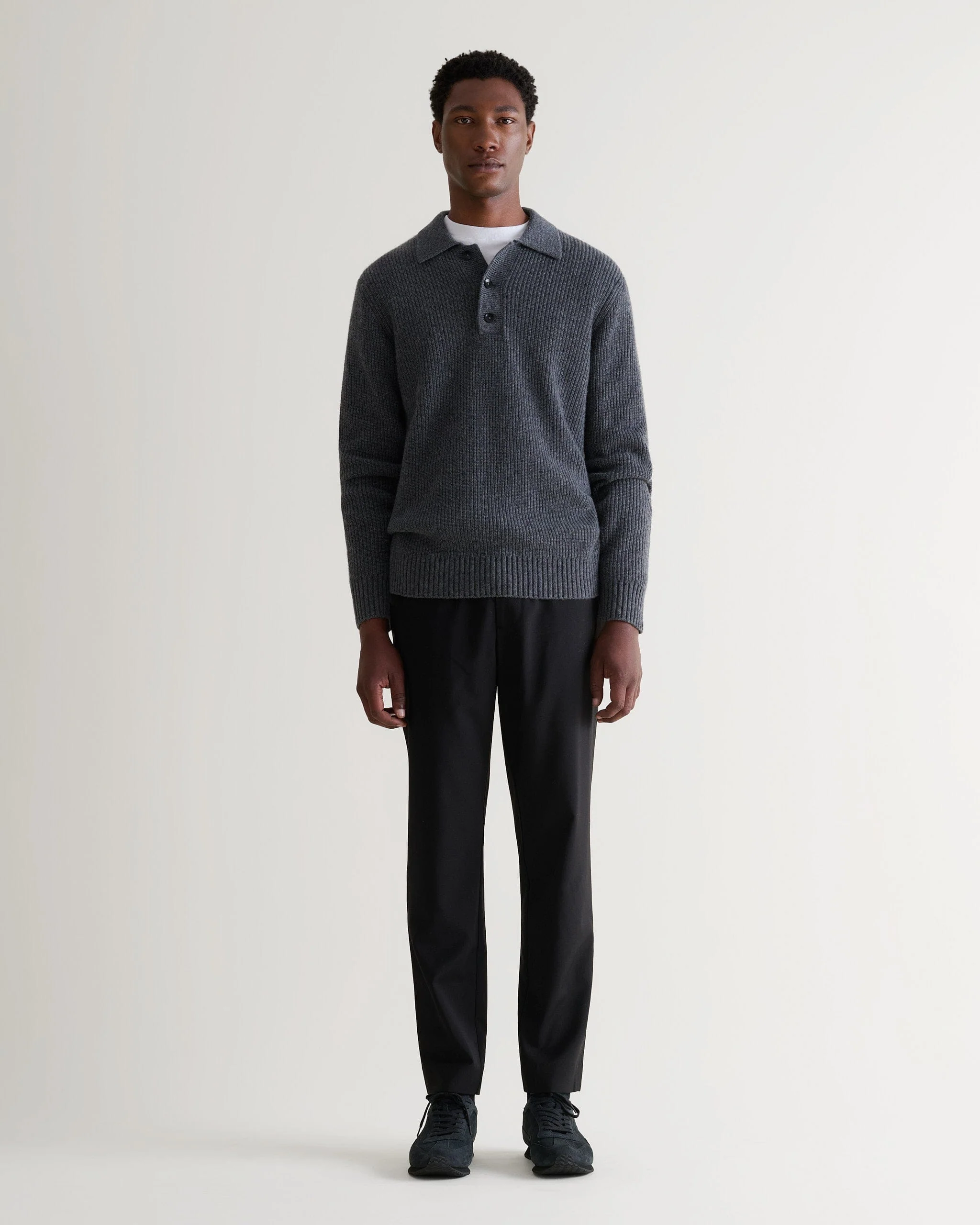 Men's Cashmere Merino Fishermans Ribbed Polo - Graphite - Image 3