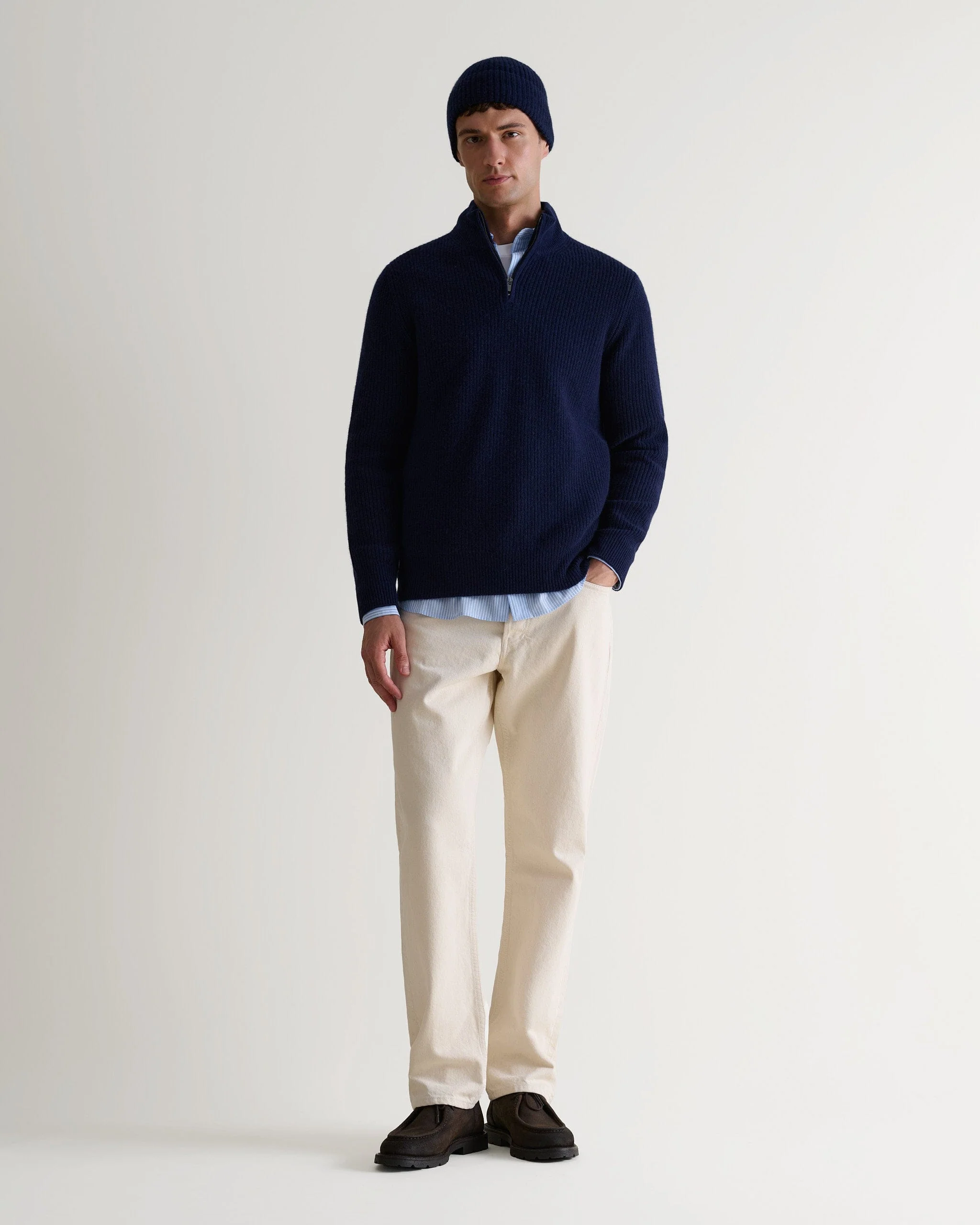 Men's Cashmere Merino Ribbed Knit Beanie - Indigo - Image 3