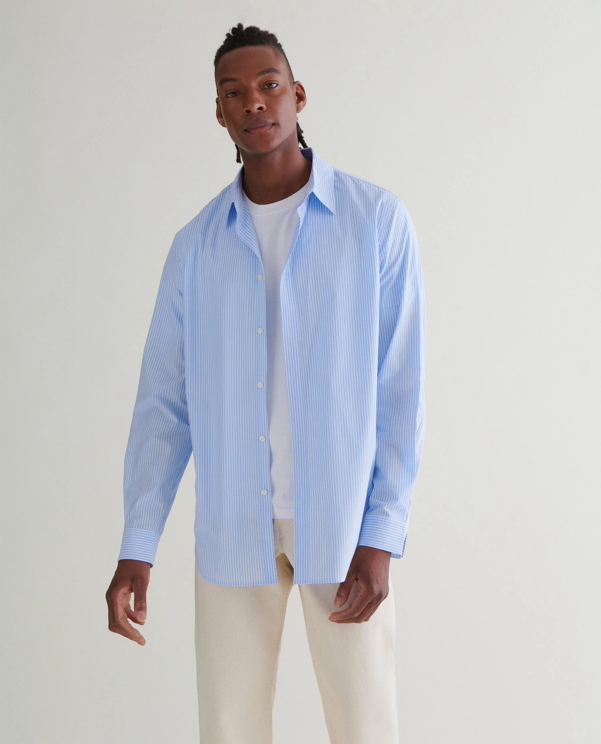 Men's Organic Cotton Poplin Shirt - Light Blue Stripe - Image 4