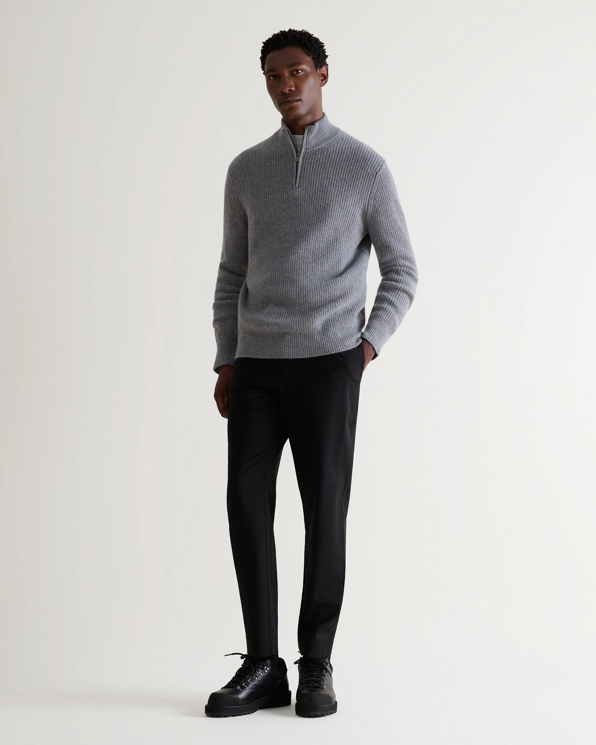 Men's Cashmere Merino Fishermans Rib 1/4 Zip Jumper - Medium Grey - Image 4