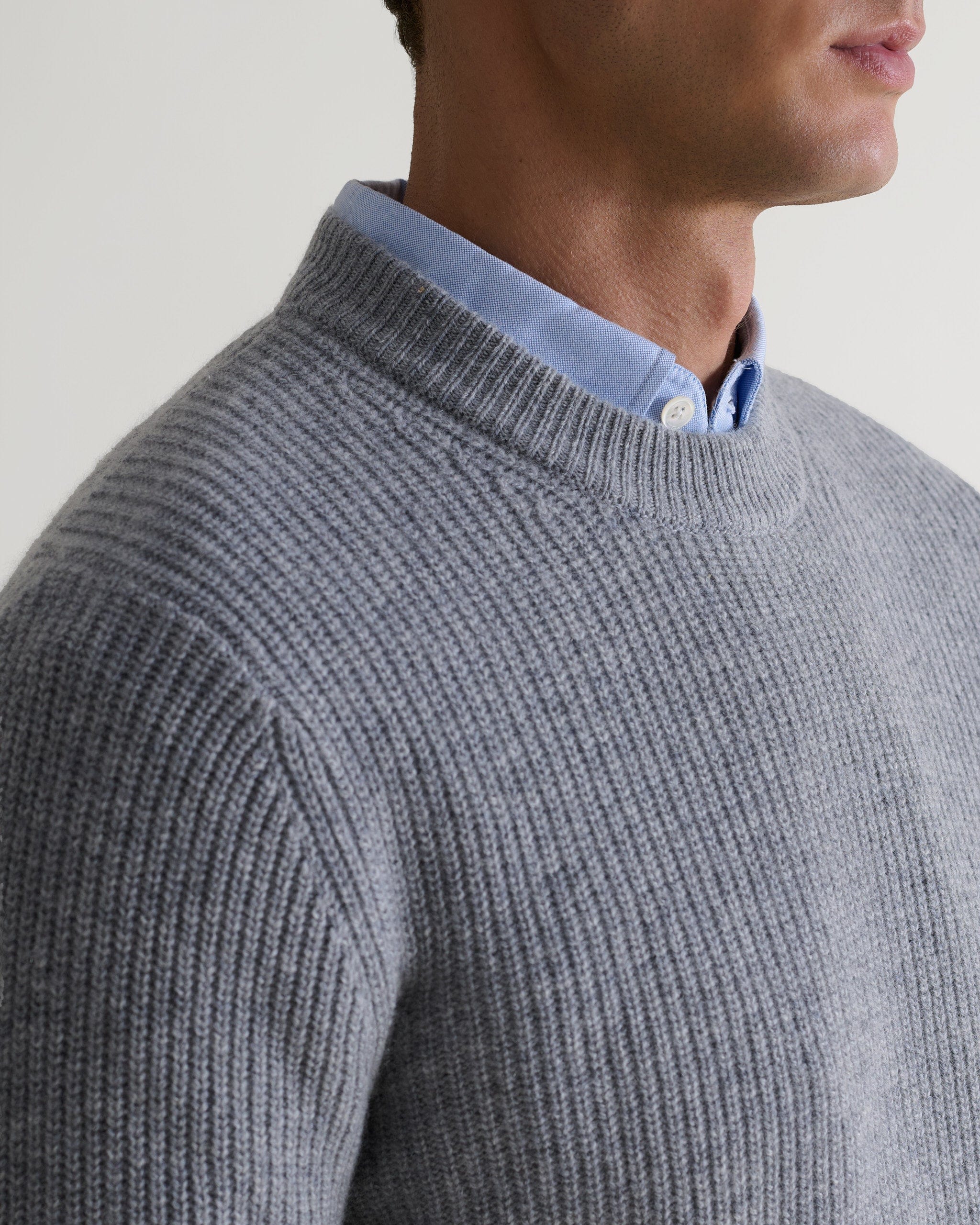 Men's Cashmere Merino Fishermans Rib Crew Neck Jumper - Medium Grey - Image 5