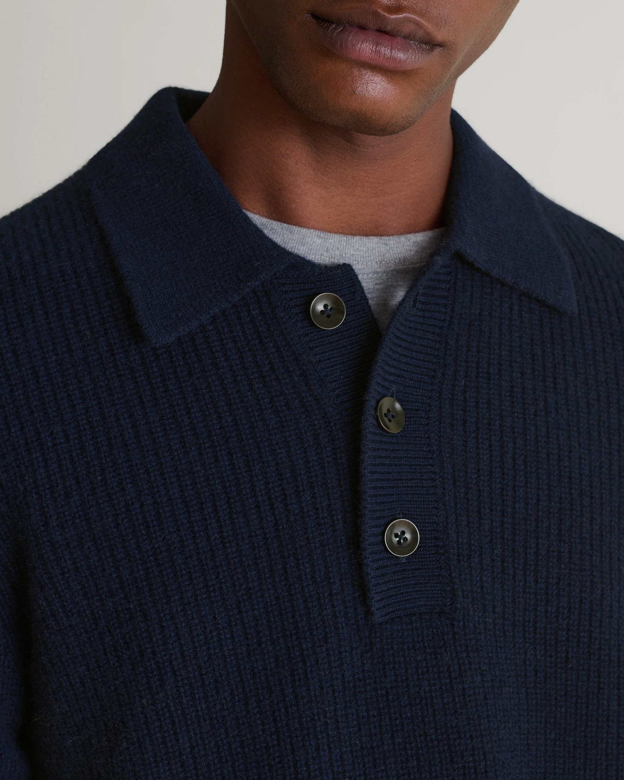Men's Cashmere Merino Fishermans Ribbed Polo - Indigo - Image 5