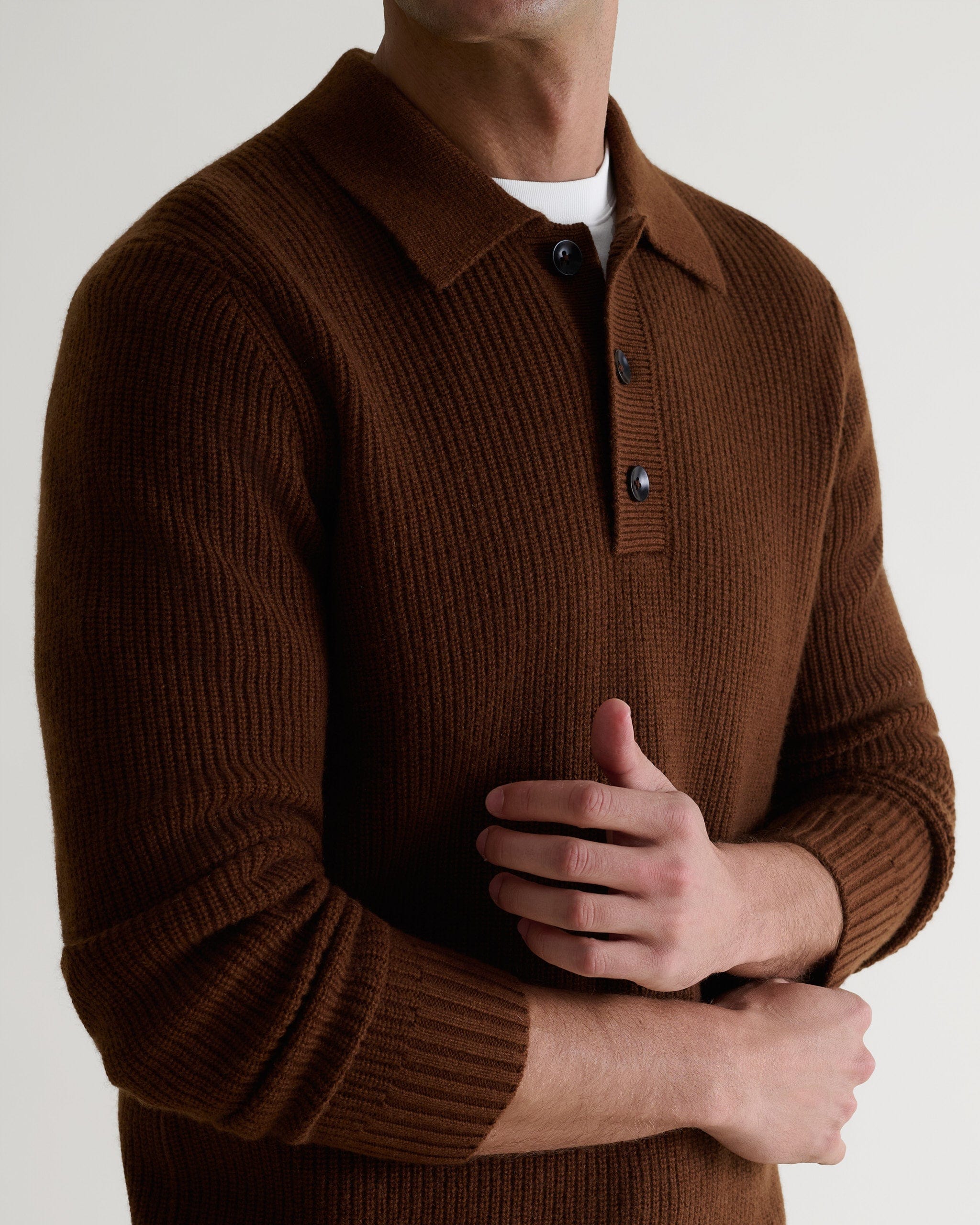 Men's Cashmere Merino Fishermans Ribbed Polo - Burl - Image 5