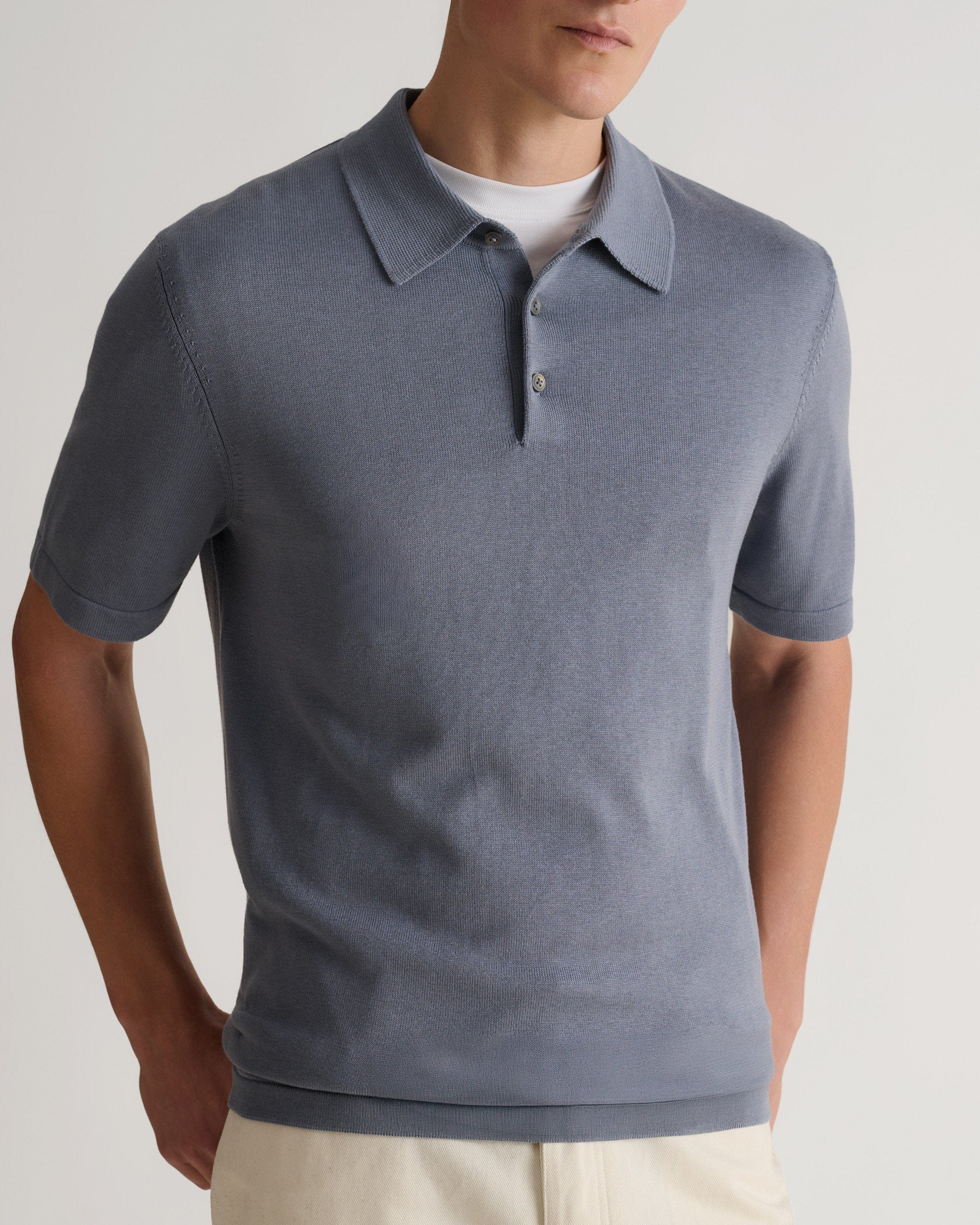 Men's Silk-Cotton Fine Knit Polo - Steel Blue - Image 5