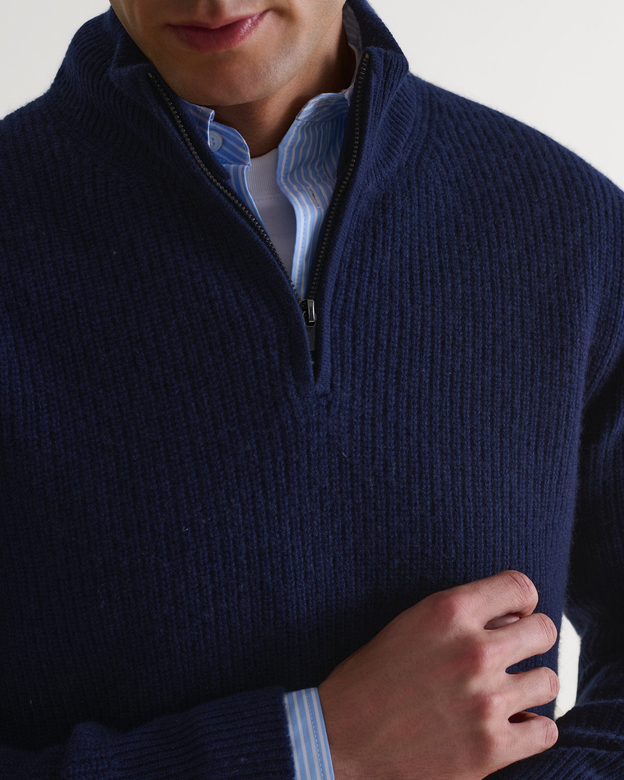 Men's Cashmere Merino Fishermans Rib 1/4 Zip Jumper - Navy - Image 3