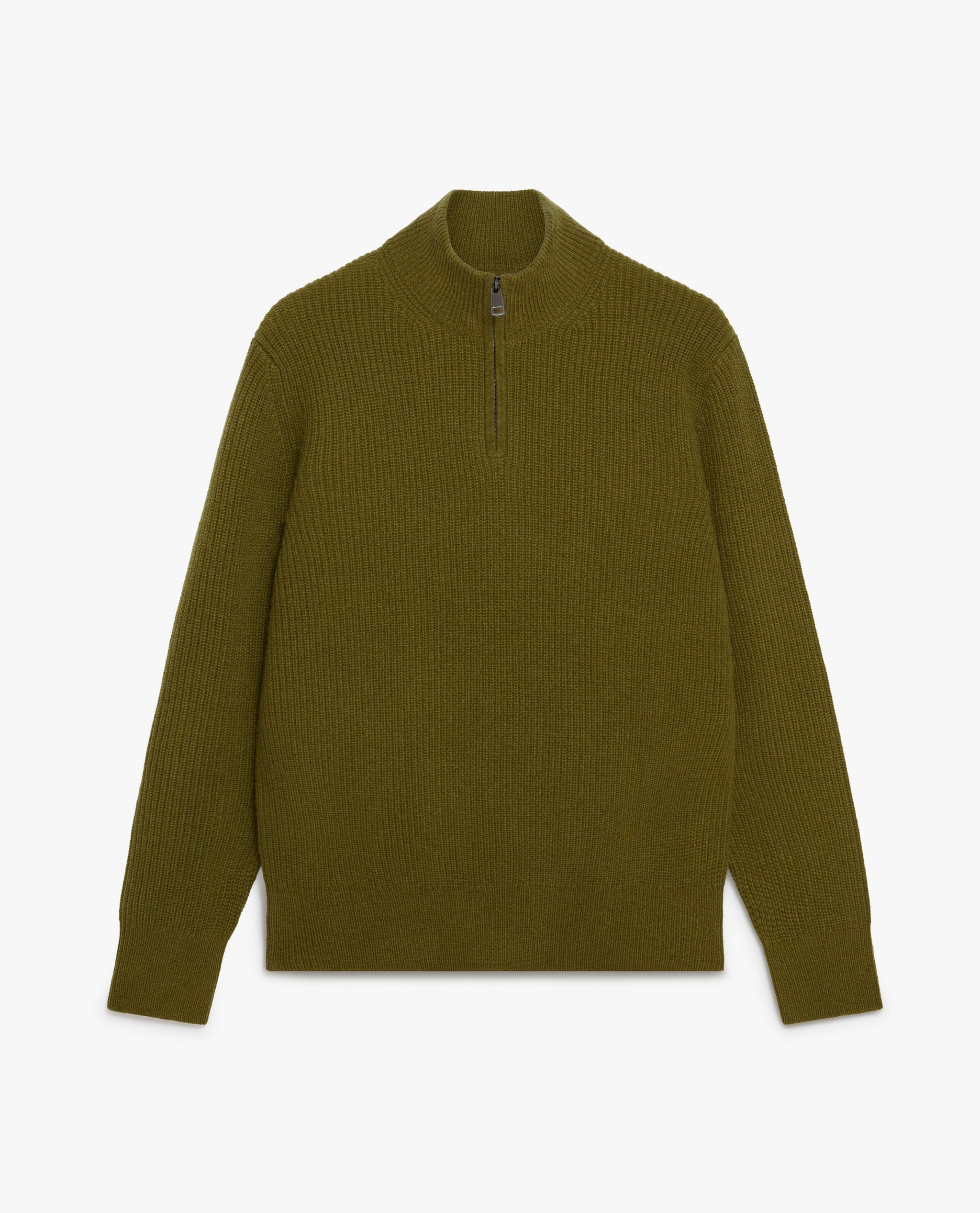 Men's Cashmere Merino Fishermans Rib 1/4 Zip Jumper - Olive - Image 2