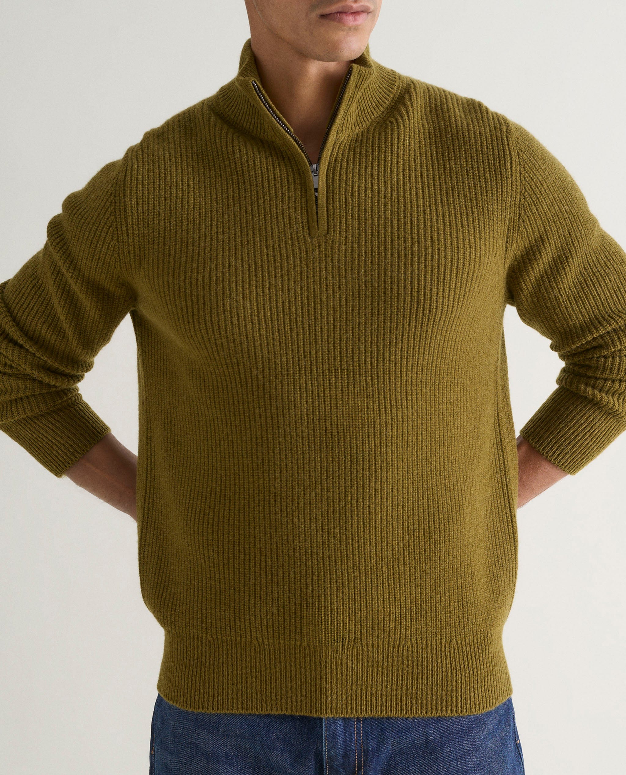 Men's Cashmere Merino Fishermans Rib 1/4 Zip Jumper - Olive - Image 5