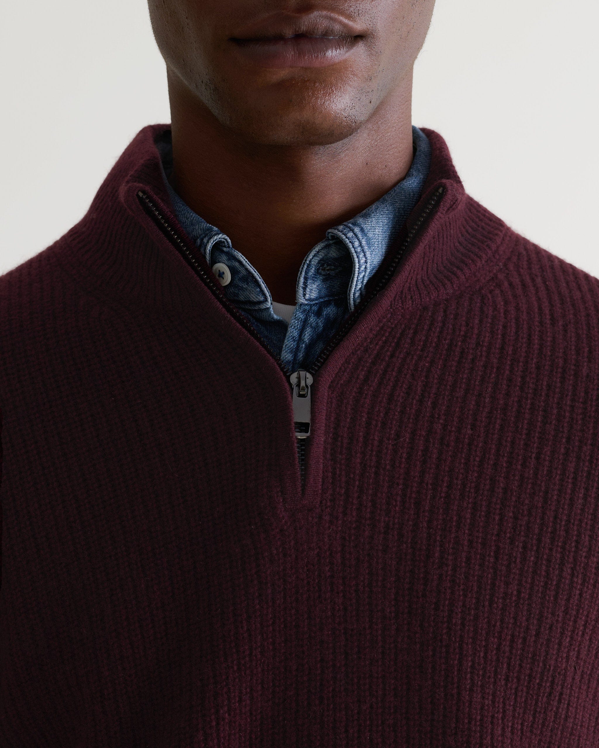 Men's Cashmere Merino Fishermans Rib 1/4 Zip Jumper - Oxblood - Image 4