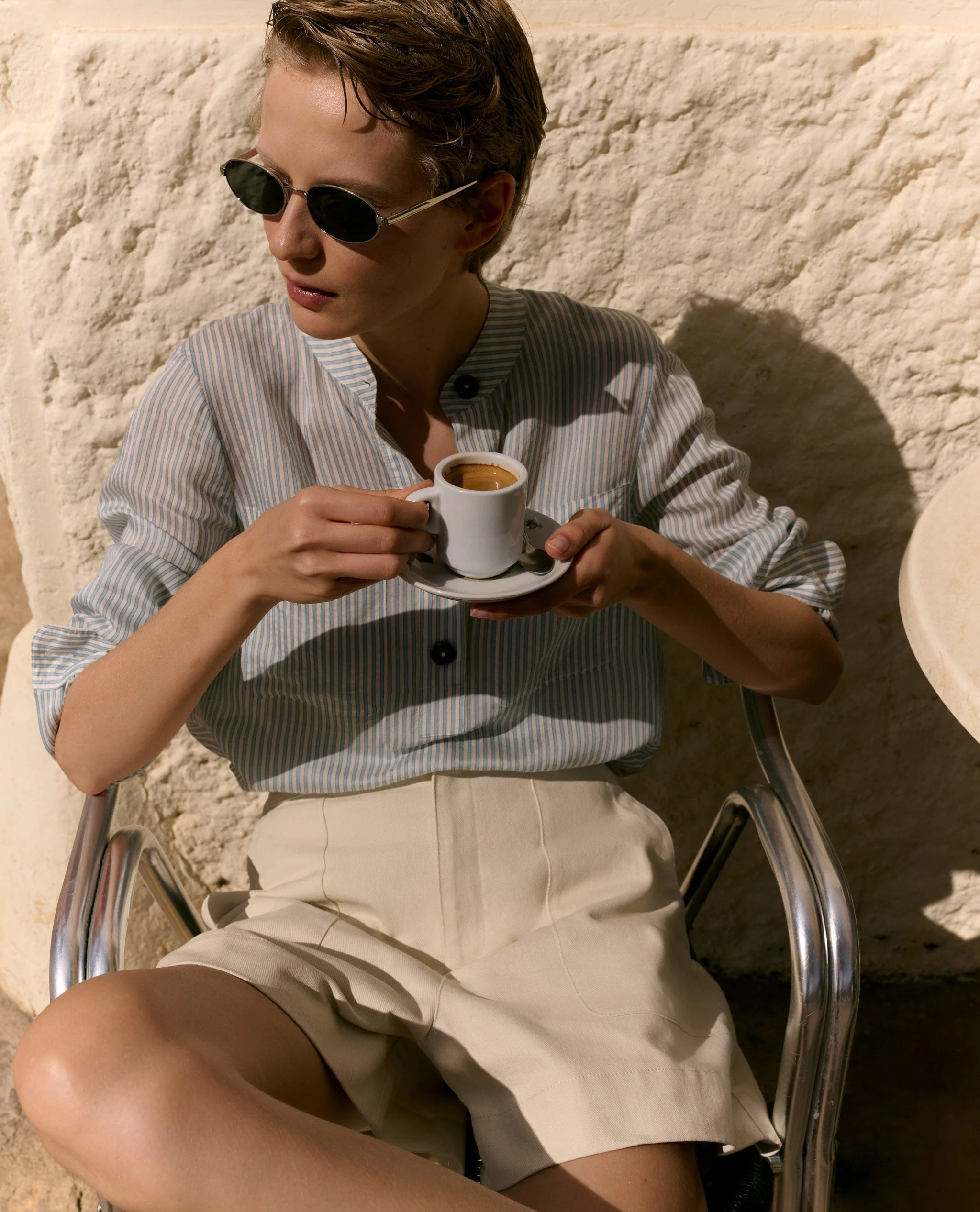 Women's Silk Stripe Grandad Collar Blouse - Image 6
