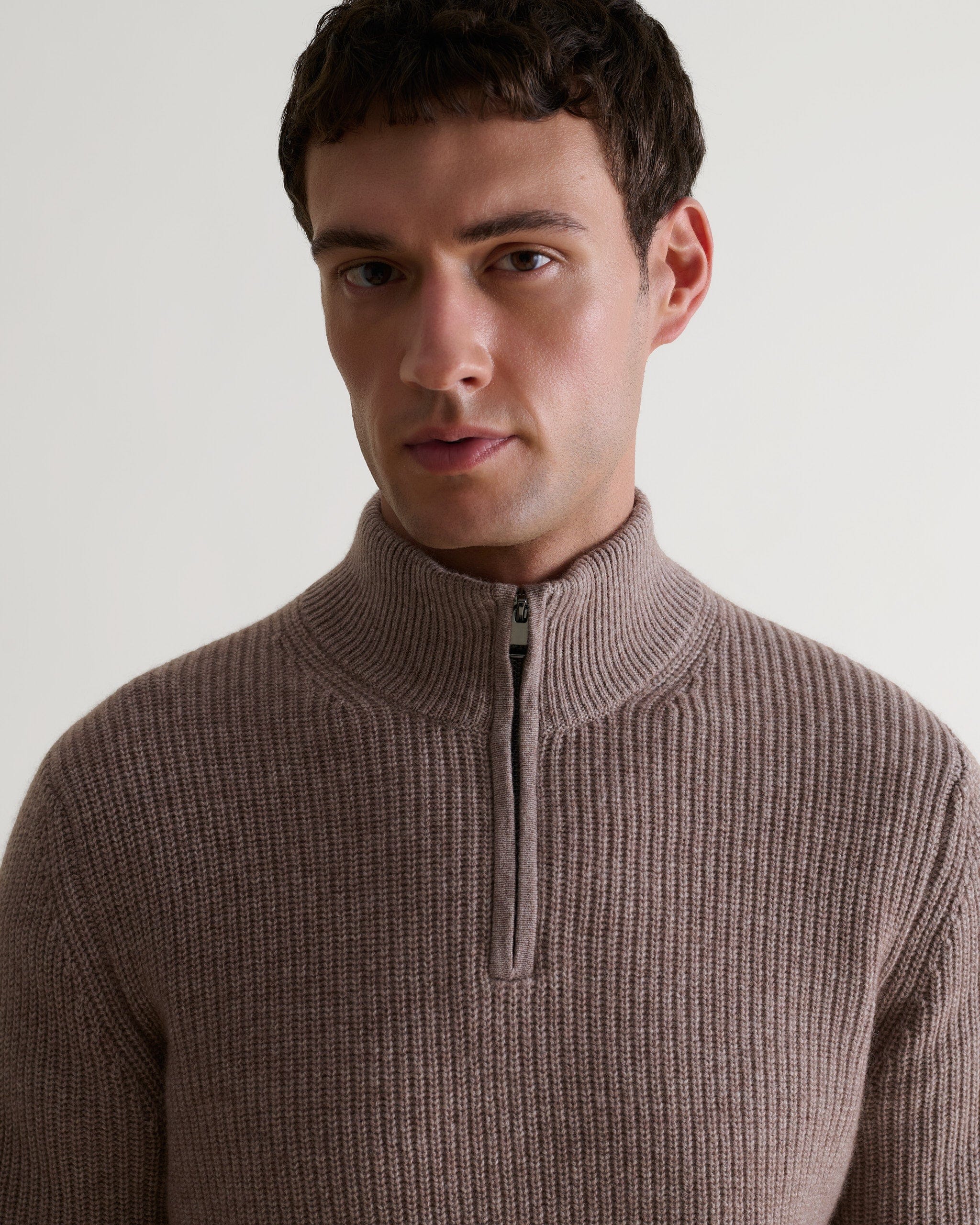 Men's Cashmere Merino Fishermans Rib 1/4 Zip Jumper - Toast - Image 5