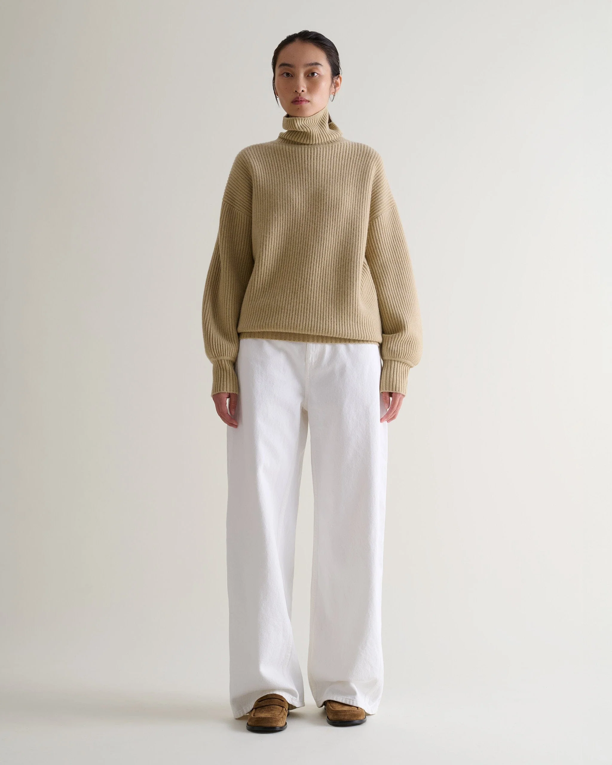 Women's Cashmere Merino Ottoman Ribbed Roll Neck Jumper - Twine