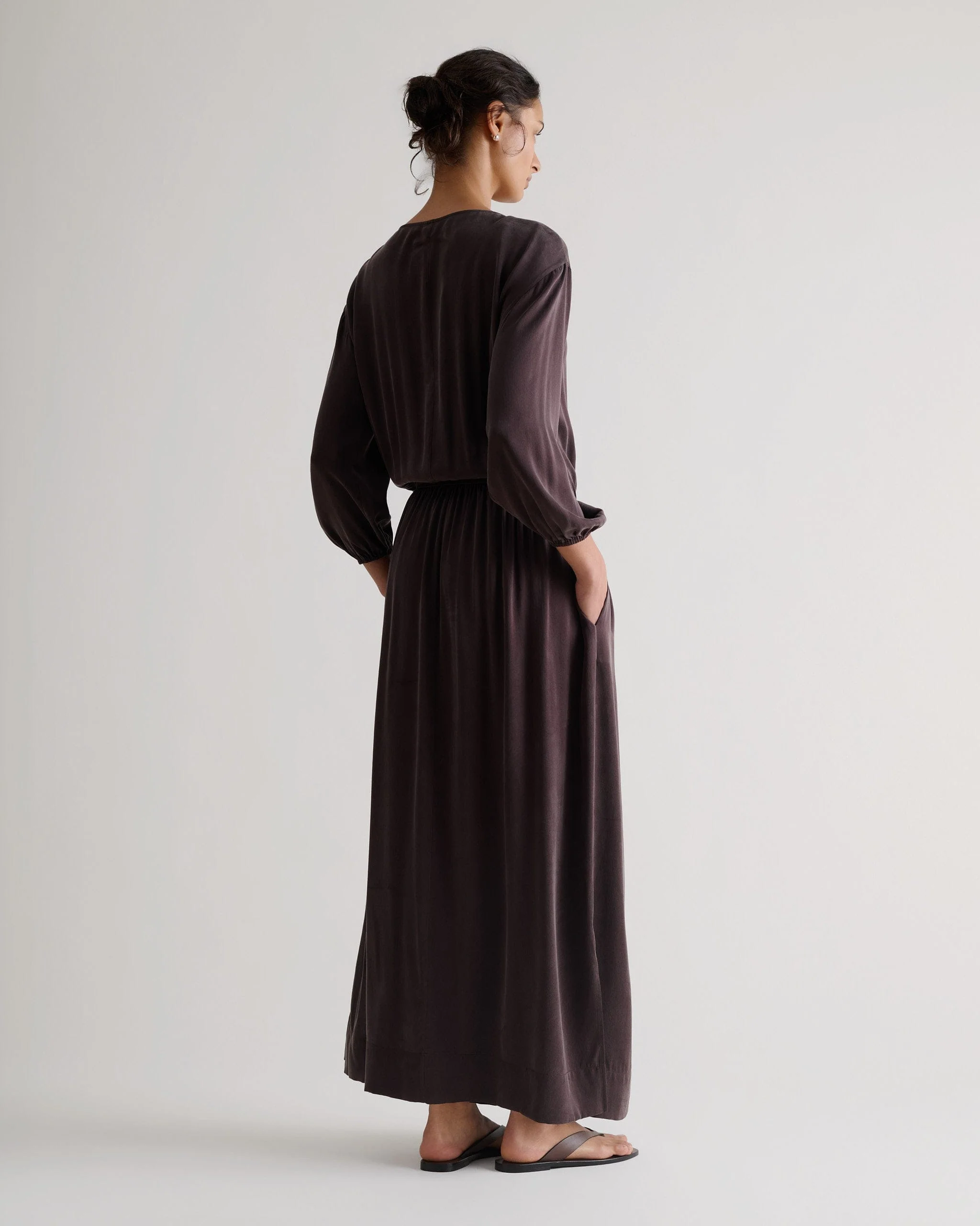 Women's Gathered Waist Easy-Silk Dress - Umber - Image 3