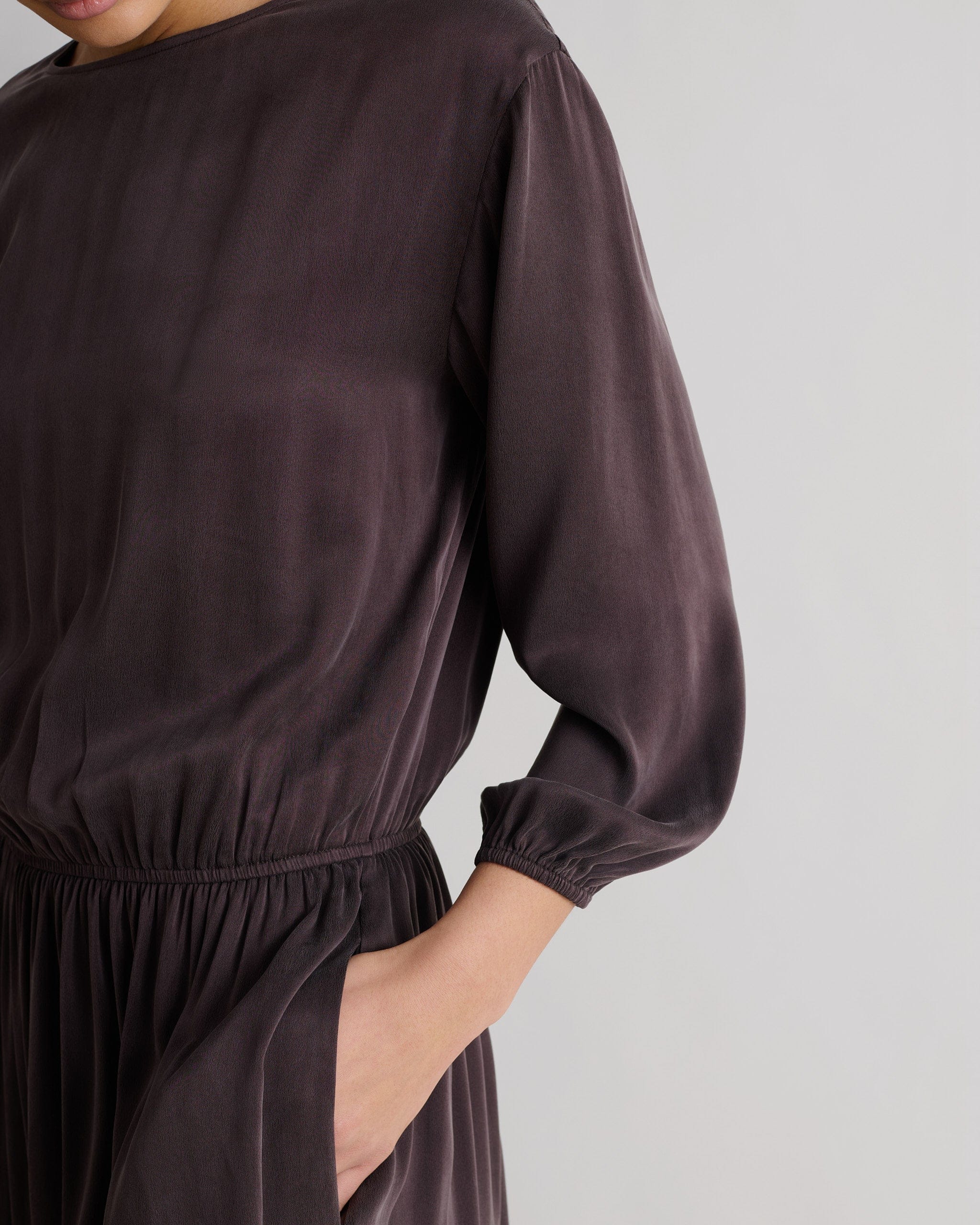 Women's Gathered Waist Easy-Silk Dress - Umber - Image 4
