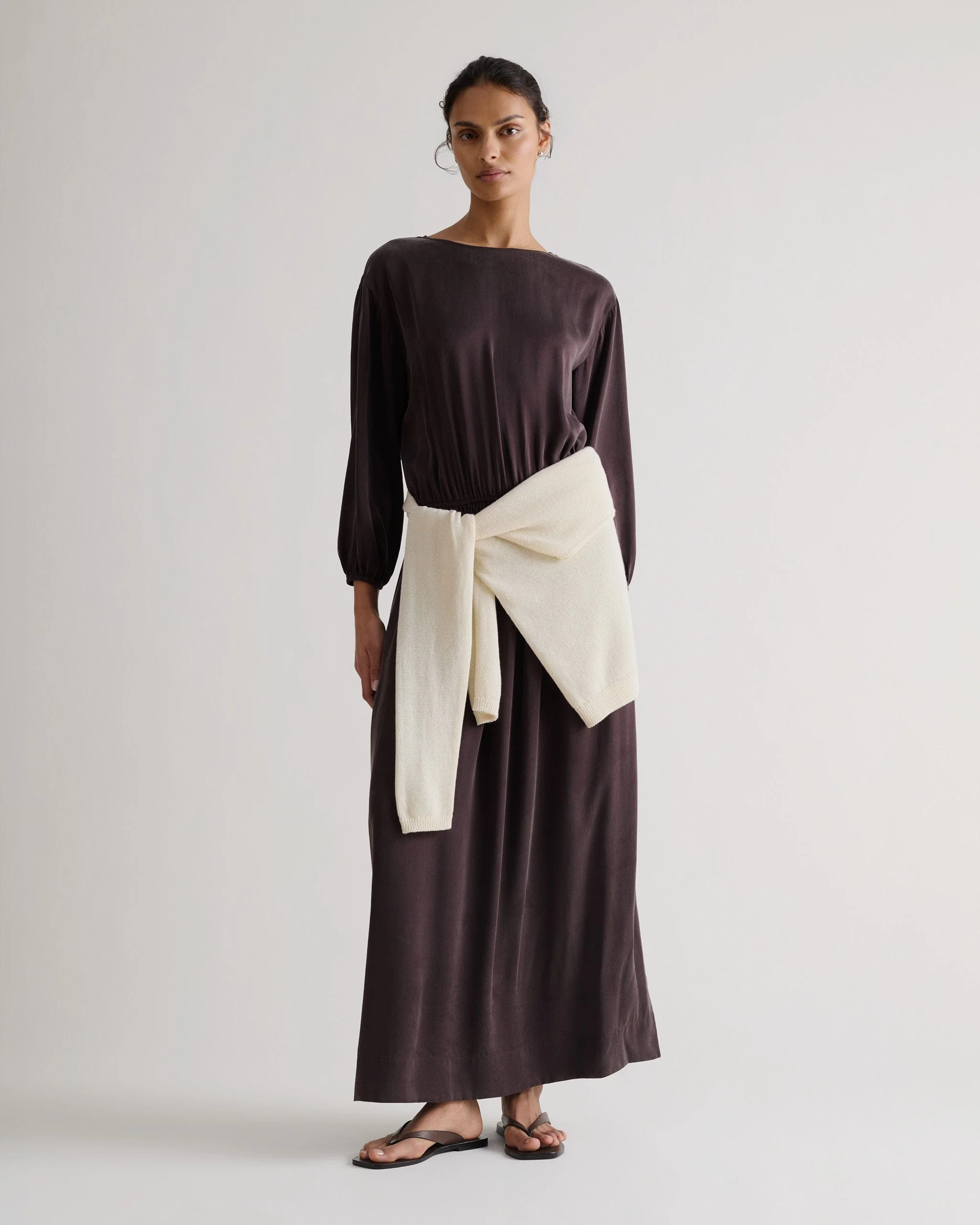 Women's Gathered Waist Easy-Silk Dress - Umber - Image 6