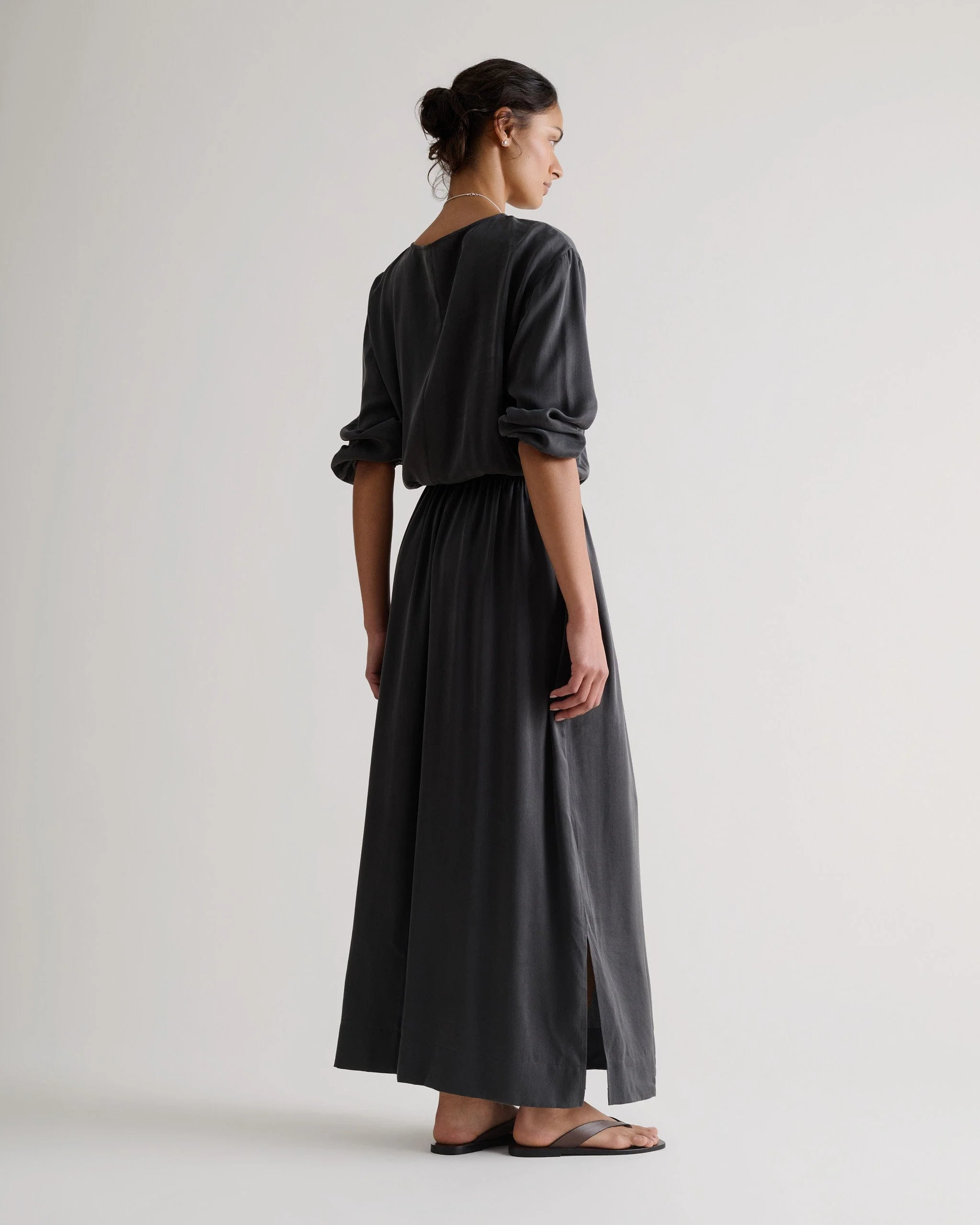 Women's Gathered Waist Easy-Silk Dress - Washed Black - Image 3