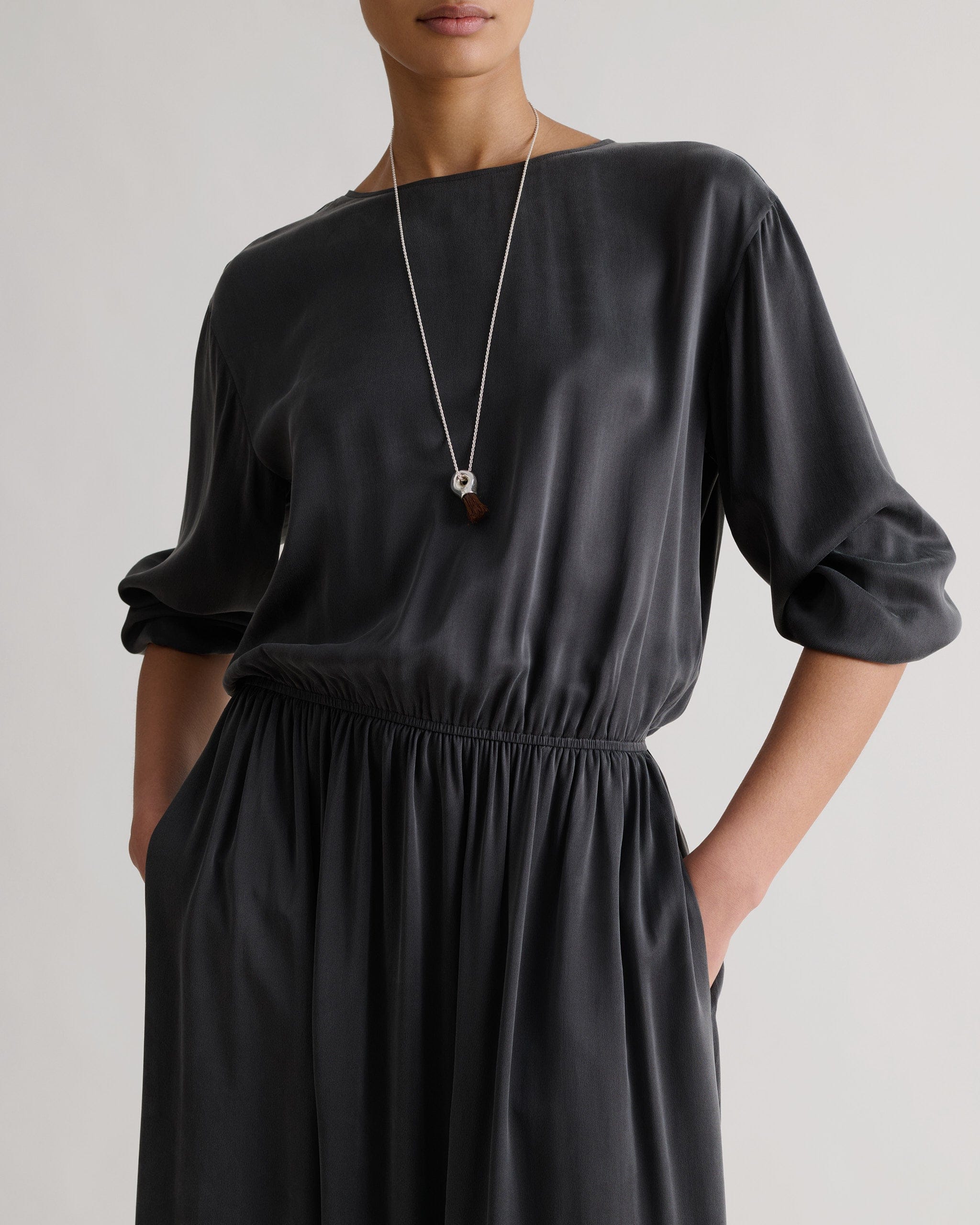 Women's Gathered Waist Easy-Silk Dress - Washed Black - Image 4