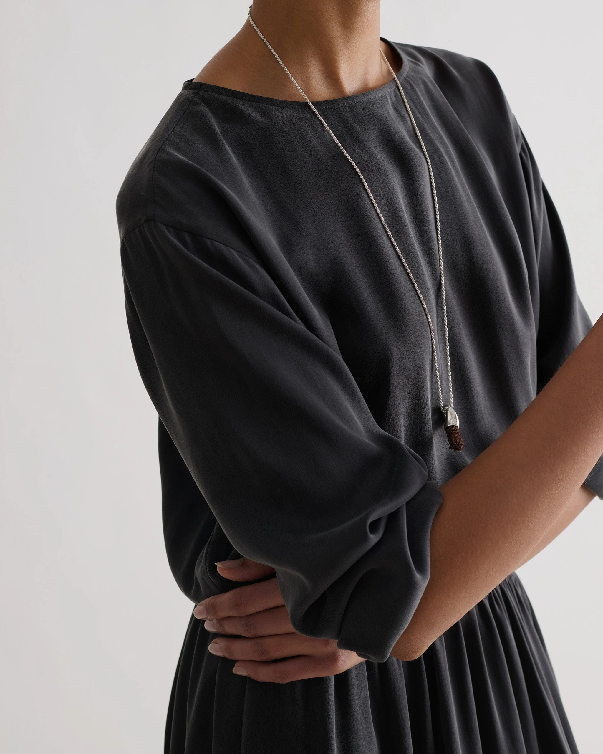 Women's Gathered Waist Easy-Silk Dress - Washed Black - Image 5