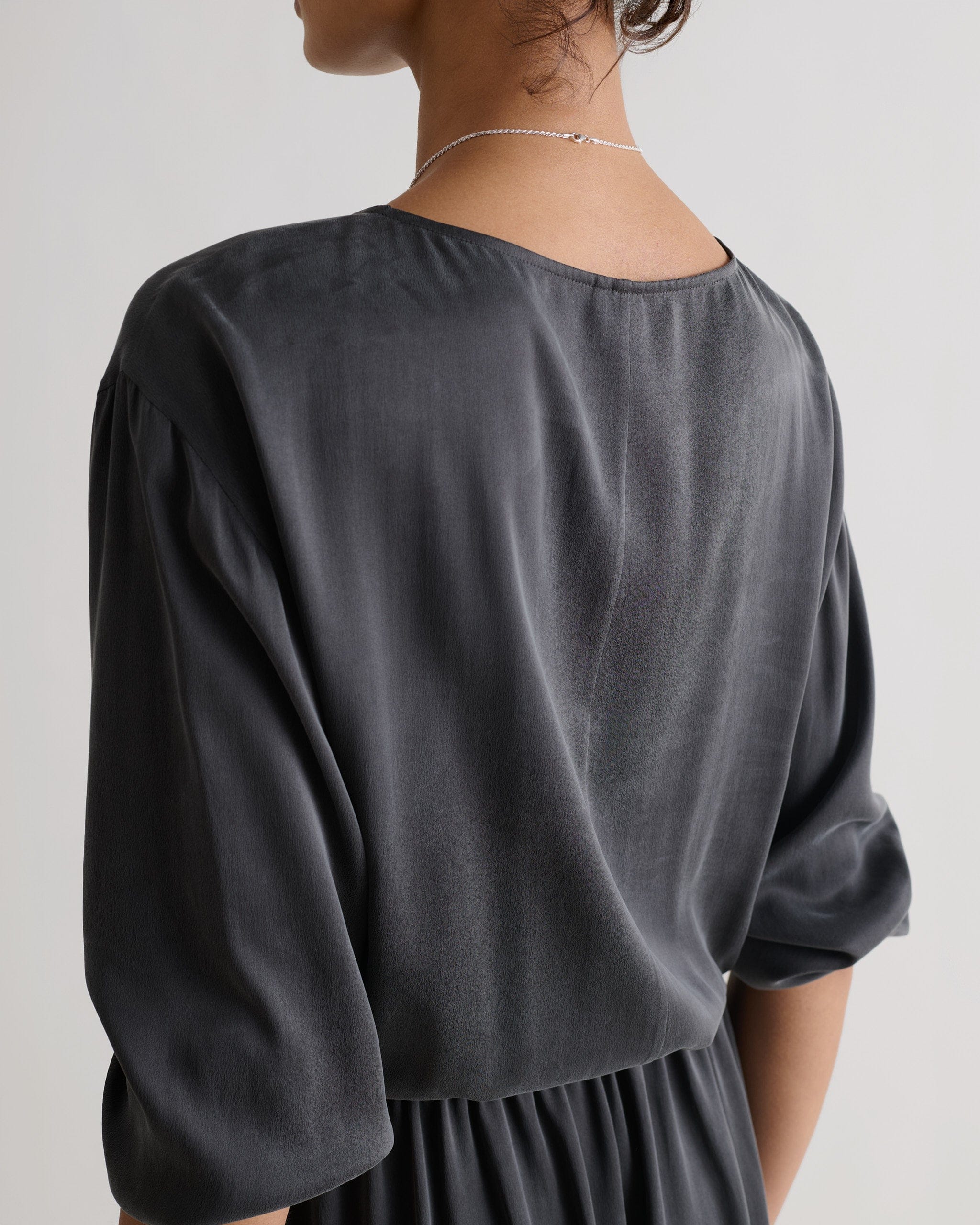 Women's Gathered Waist Easy-Silk Dress - Washed Black - Image 6