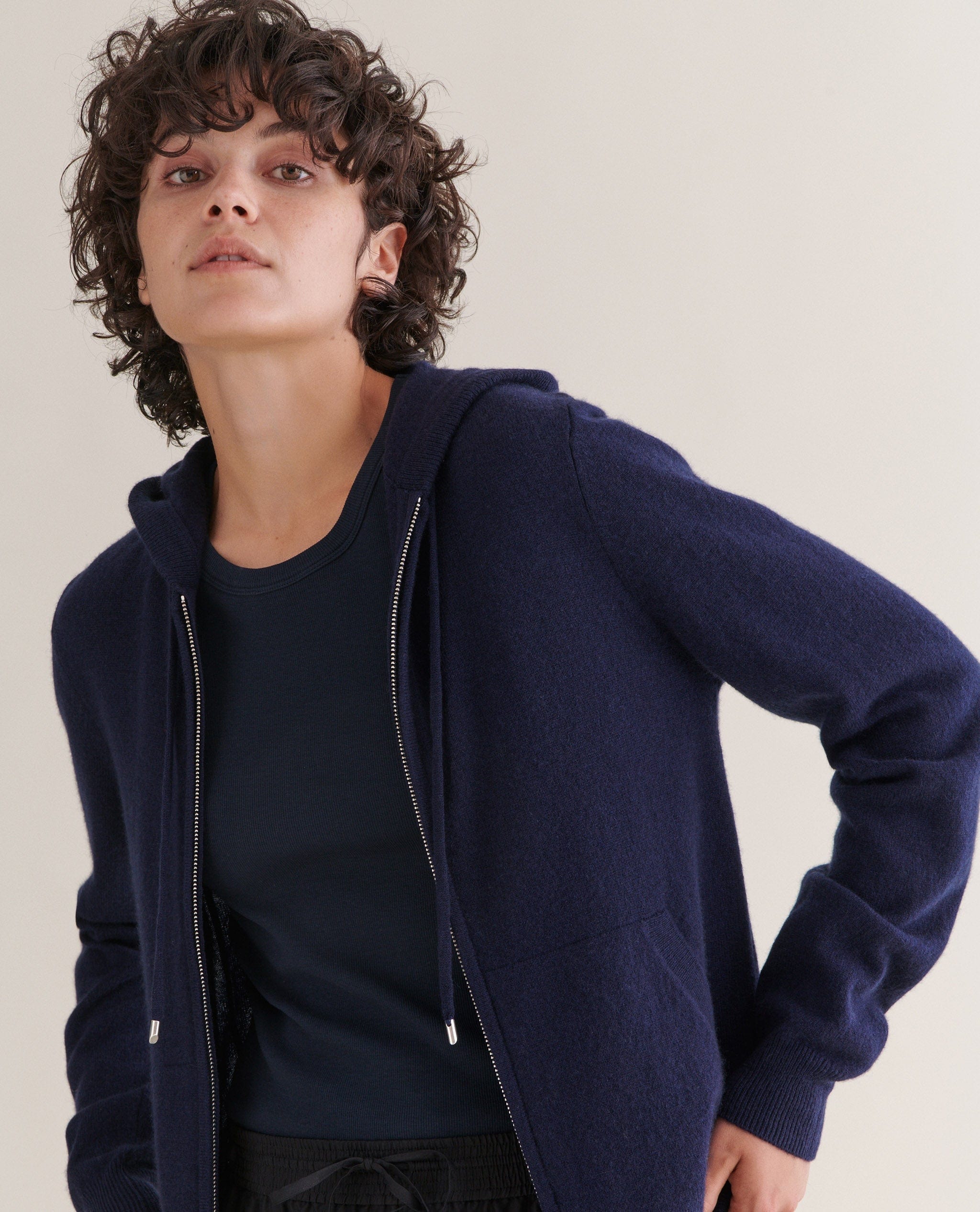 Women's Finest Cashmere Full Zip Hoodie - Navy - Image 2